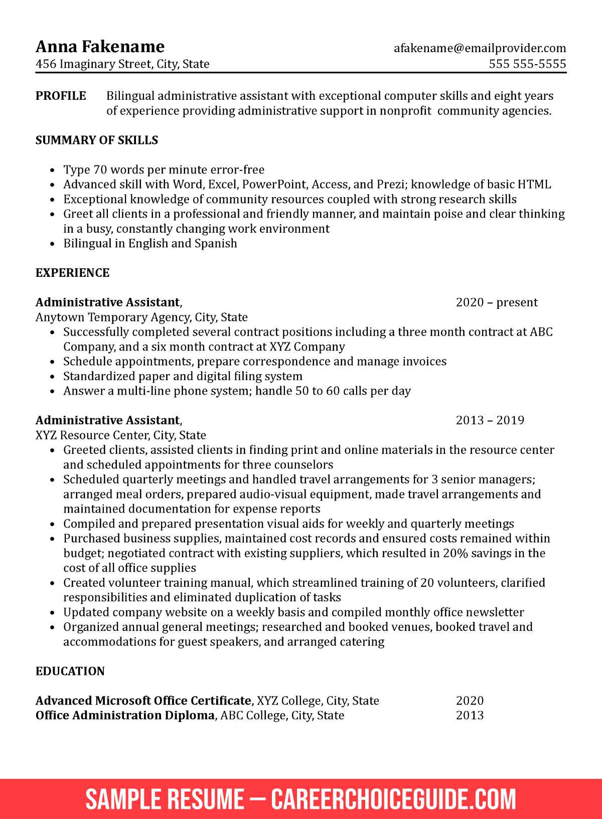 resume template for administrative assistant free