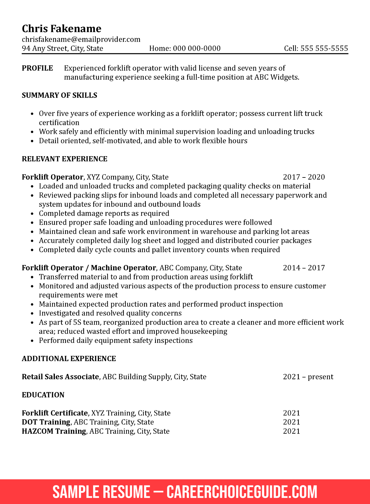 Resume Template For Forklift Operator