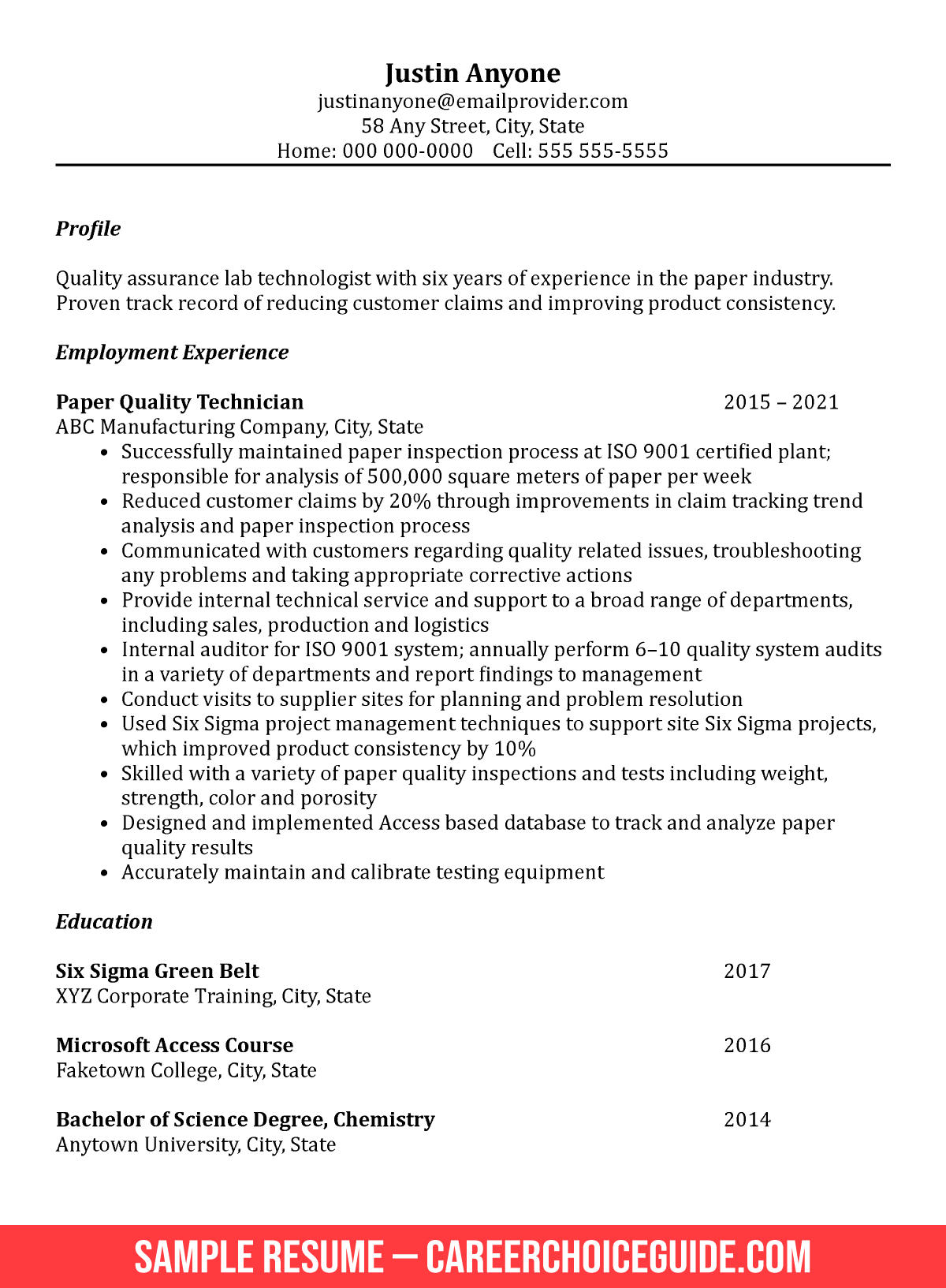 Quality Assurance Resume Sample