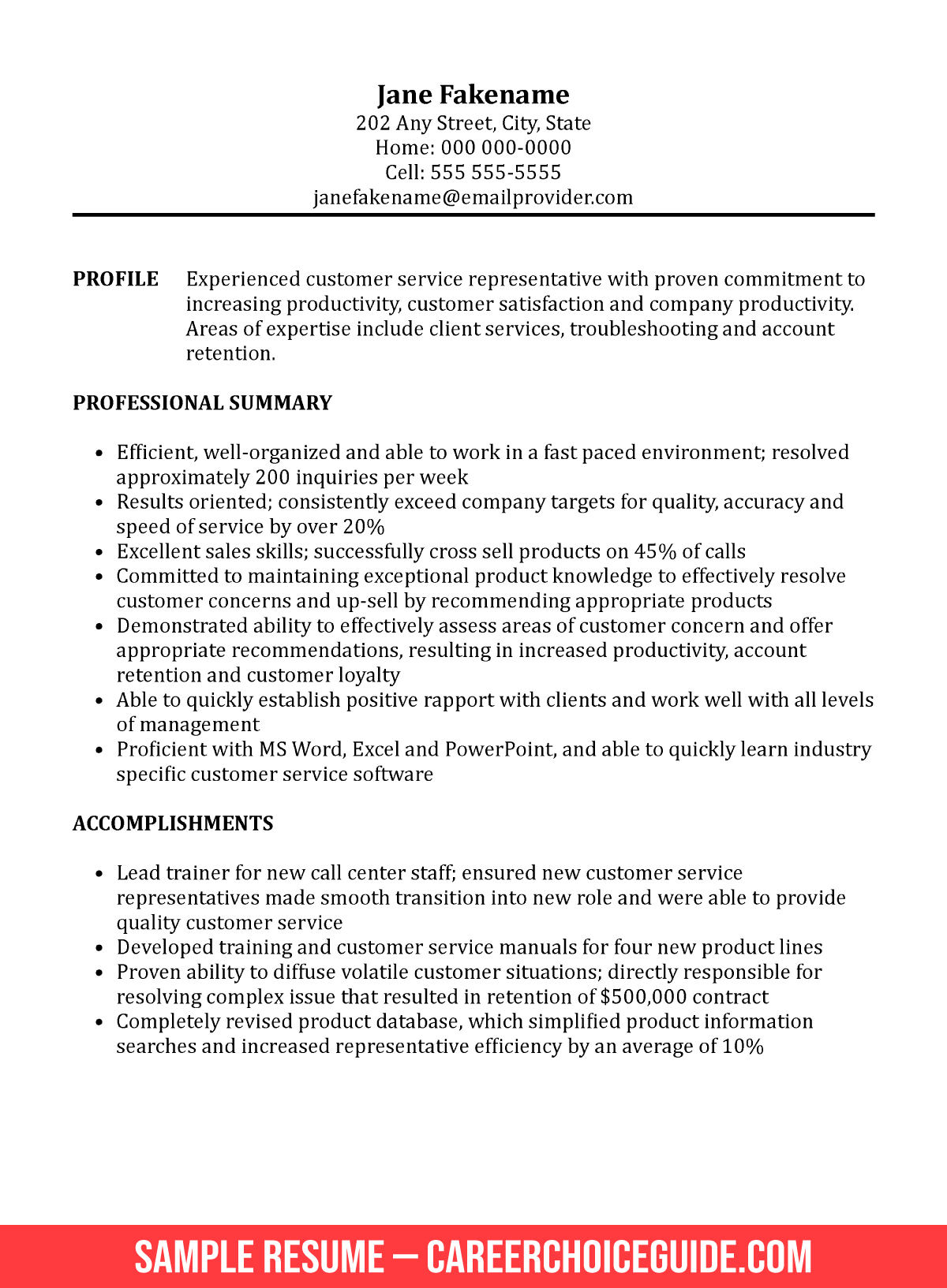 resume for a customer service consultant